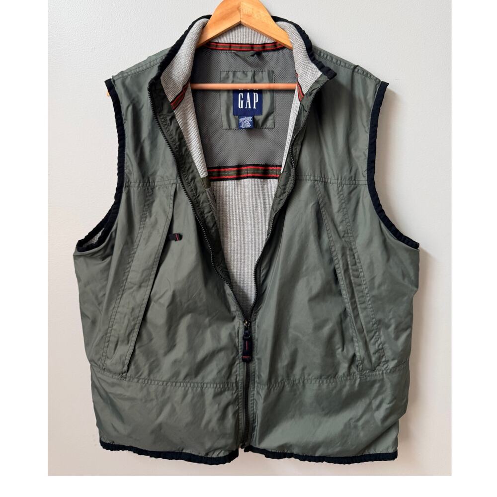 Vintage GAP Gorpcore Nylon Utility Vest Mens Large Green Mesh Pocket Flawed